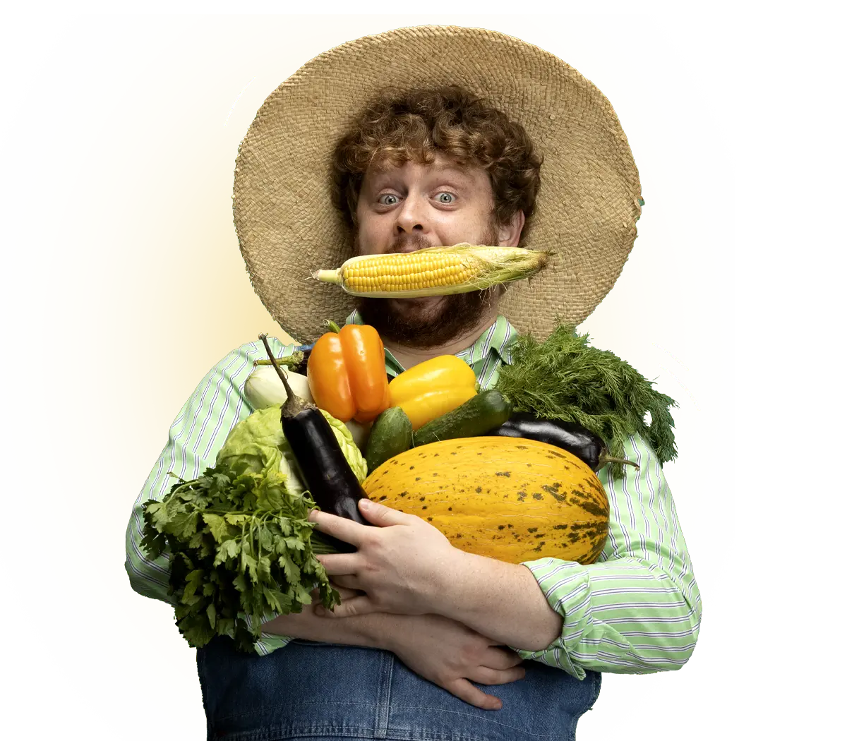 Homme avec panier de légumes et fruits
