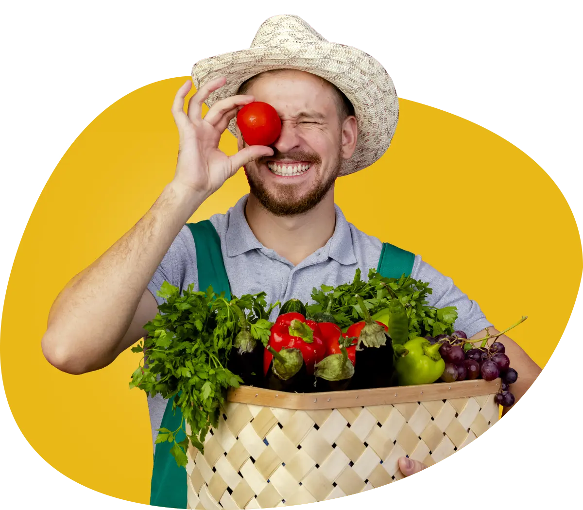 Homme jardinier tablier chapeau tenant panier plein legumes tomates pres son oeil souriant